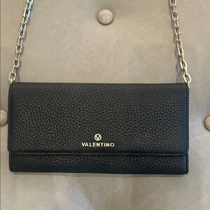 Valentino Black Pebbled Leather wallet size with Gold Chain